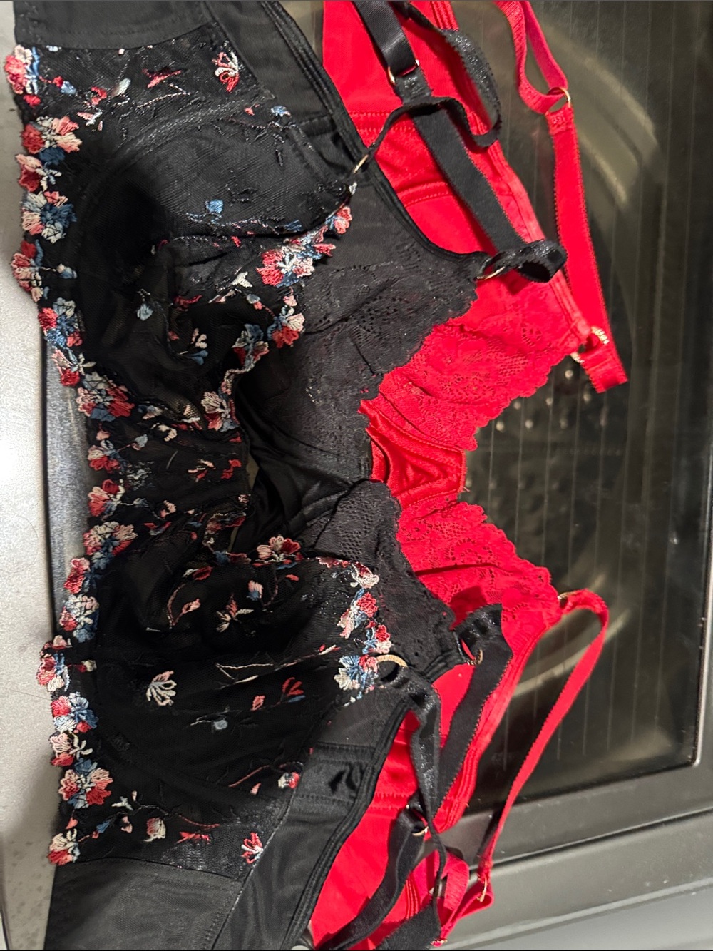 Black Floral Embroidered & Red Lace Bra Duo
